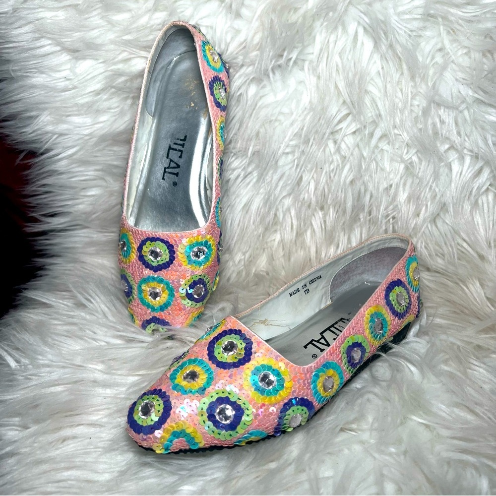 Radical Pink Blue Yellow Purple and Silver Sequined Dressy Flats - Picture 6 of 10
